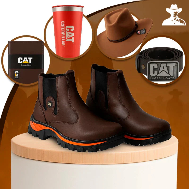 Kit Caterpillar - Bota Masculina em Couro Legítimo e Palmilha Ortopédica + [Brindes Exclusivos]!