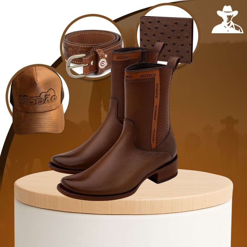 Kit Bota Maverick 3.0 em Couro Legítimo com Palmilha Ortopédica +BRINDES (Boné, Cinto e Carteira)