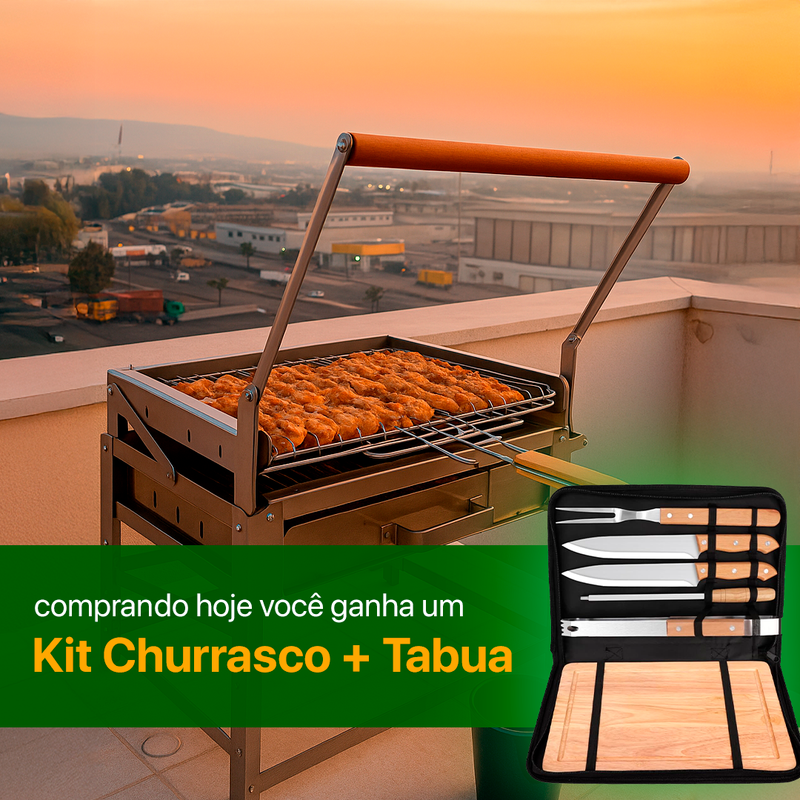 Churrasqueira com Grelha Giratória 360° + Kit Churrasco com Tabua - Queima de Estoque