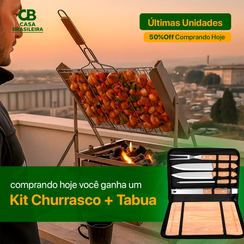 Churrasqueira com Grelha Giratória 360° + Kit Churrasco com Tabua - Queima de Estoque