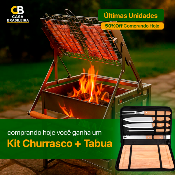 Churrasqueira com Grelha Giratória 360° + Kit Churrasco com Tabua - Queima de Estoque