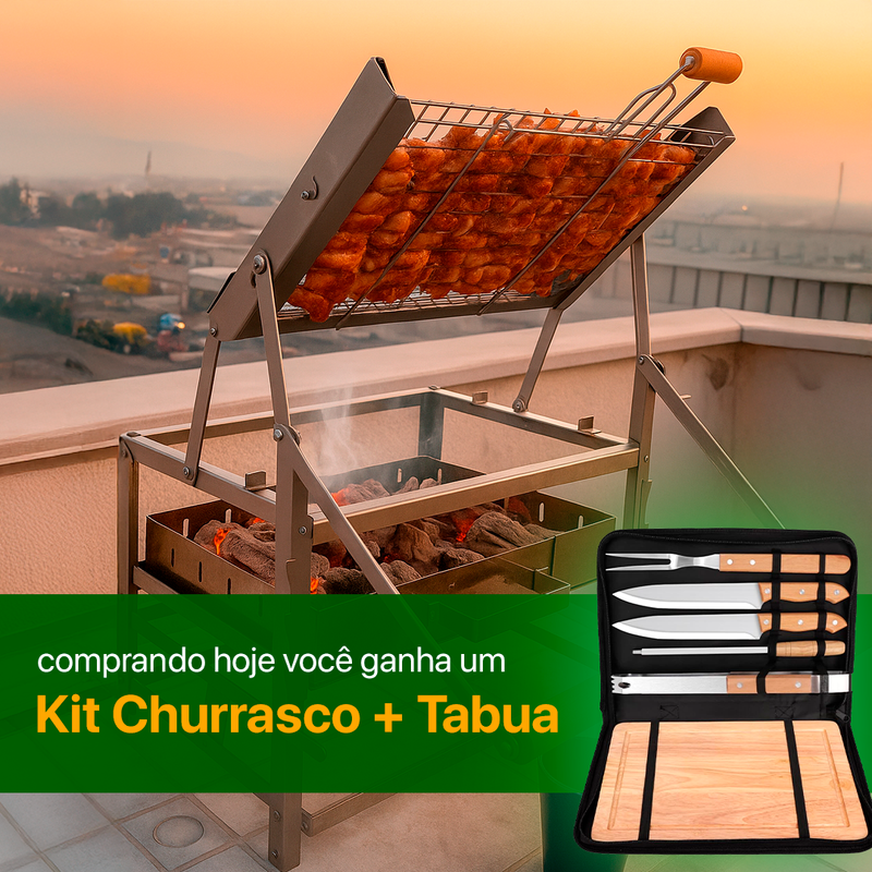 Churrasqueira com Grelha Giratória 360° + Kit Churrasco com Tabua - Queima de Estoque