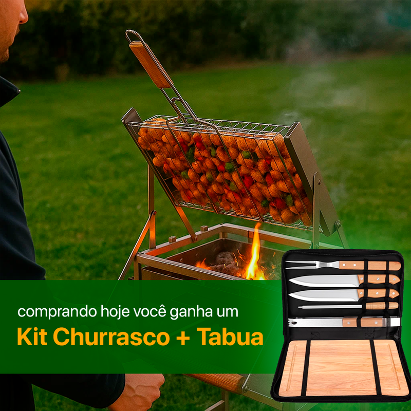 Churrasqueira com Grelha Giratória 360° + Kit Churrasco com Tabua - Queima de Estoque